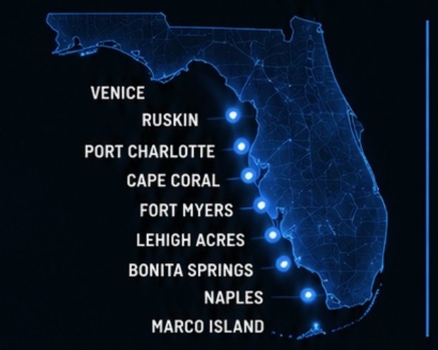 Map of Southwest Florida showing Drywall Supreme service cities from Venice to Marco Island